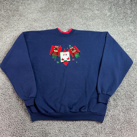 VINTAGE Christmas Sweatshirt Womens 1X Blue Santa Claus Reindeer Pullover 90s - Picture 2 of 10